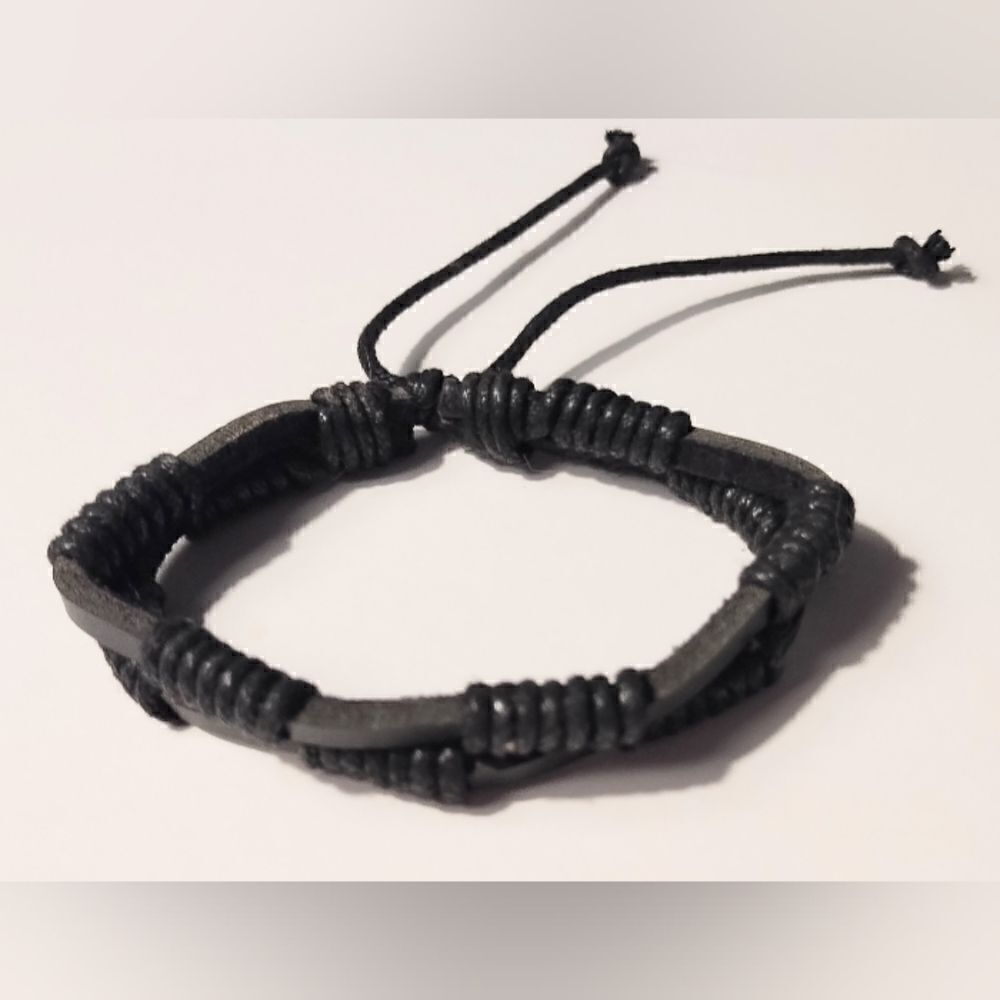 Men's bracelet leather layered black new d80‎